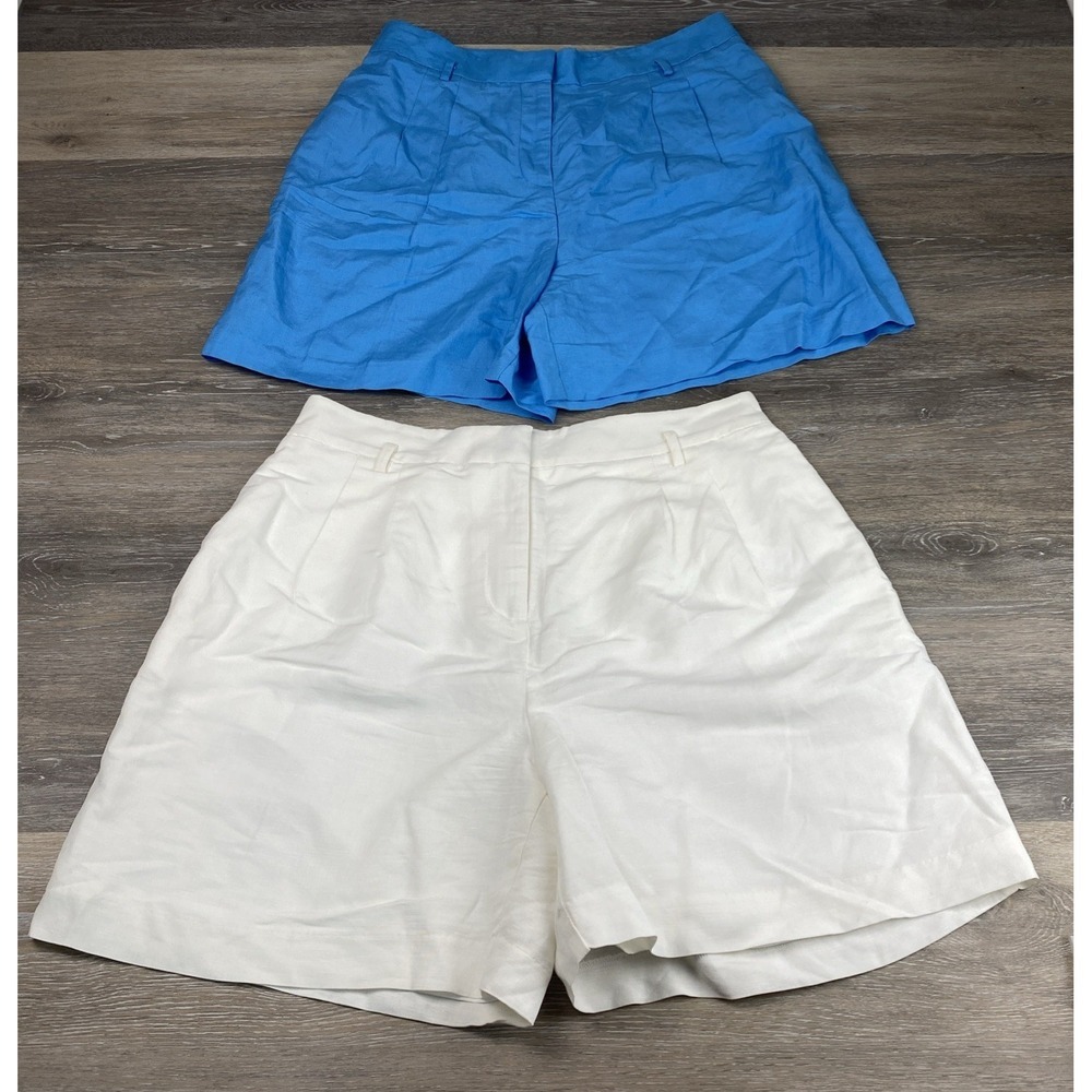2 Ann Taylor Vintage High Waist Linen Blend Pleated Shorts Cream & Blue